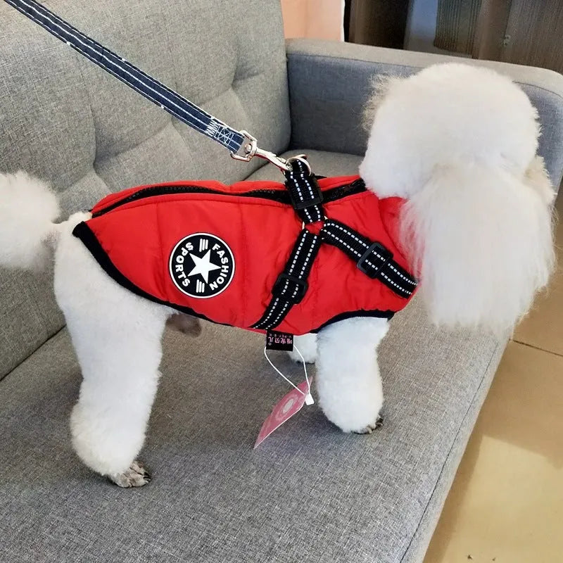 Waterproof dog coat with harness opening in red colour on large breed dog