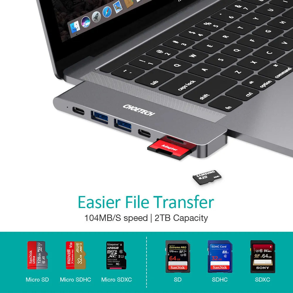 Silver 7-in-1 USB-C hub adapter with SD card reader, HDMI, and USB ports on a wooden desk.