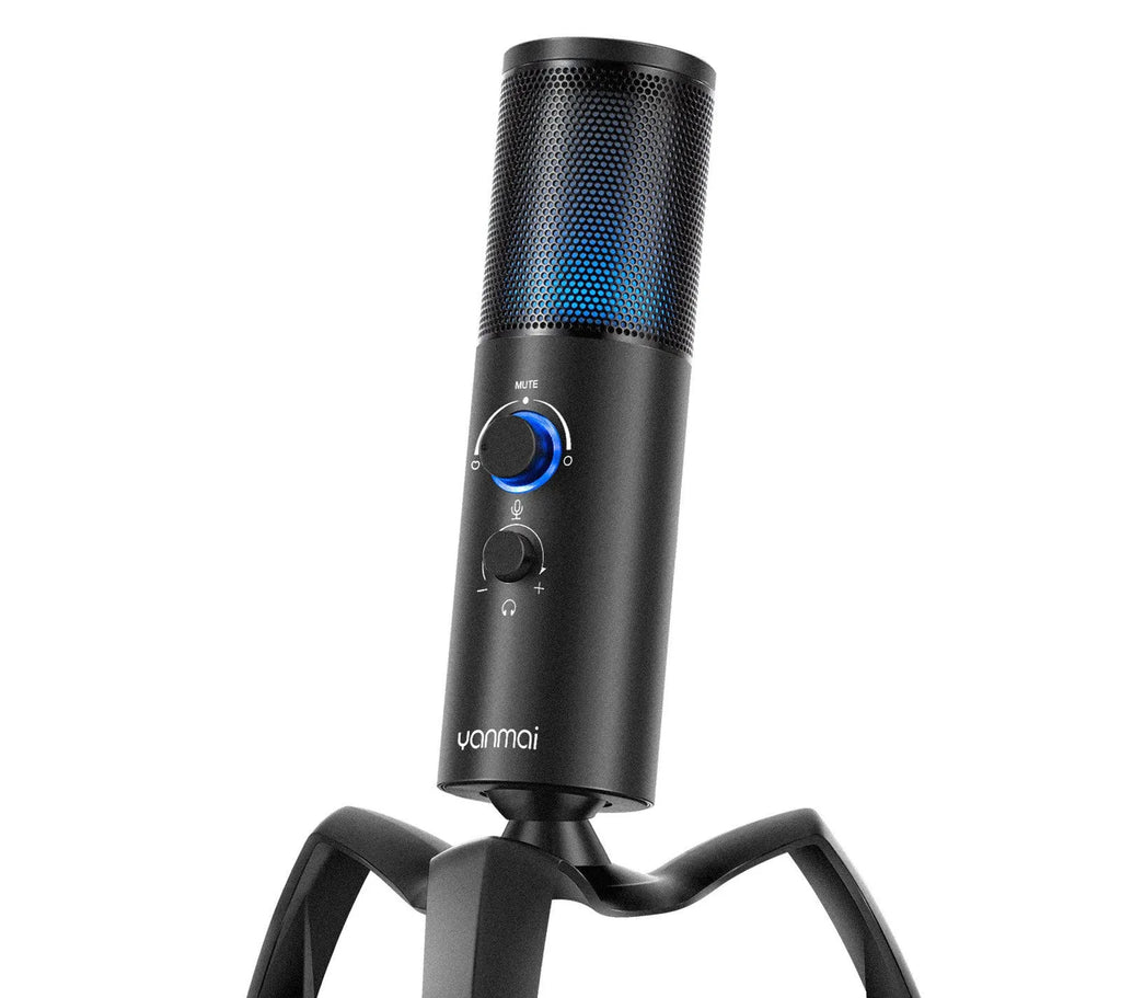 Black Q18 USB condenser microphone with RGB lights on a metal tripod stand