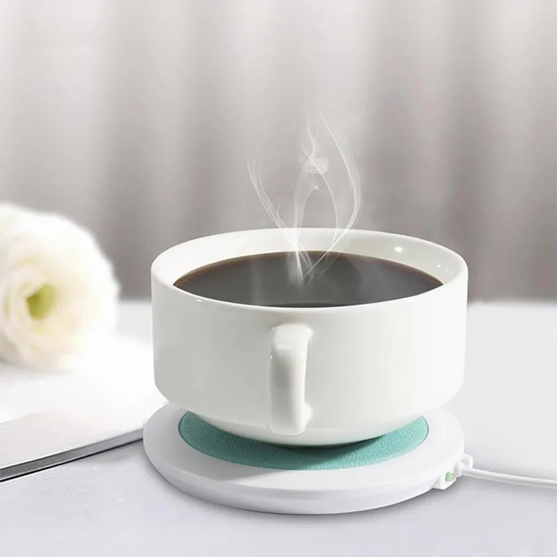 Black USB heating coaster with 85mm diameter showing cup placement for beverage warming