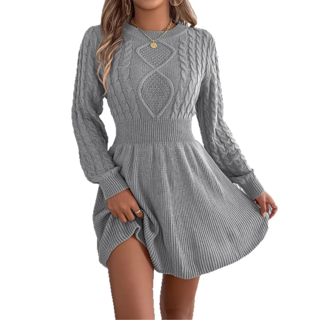 Women's solid colour lantern sleeve sweater dress with elastic waist in artificial fur fabric.