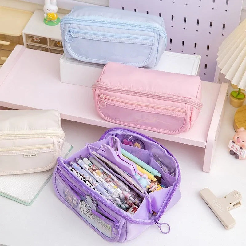Korean style canvas pencil case unfolded to show ten-layer flip design in milky white colour