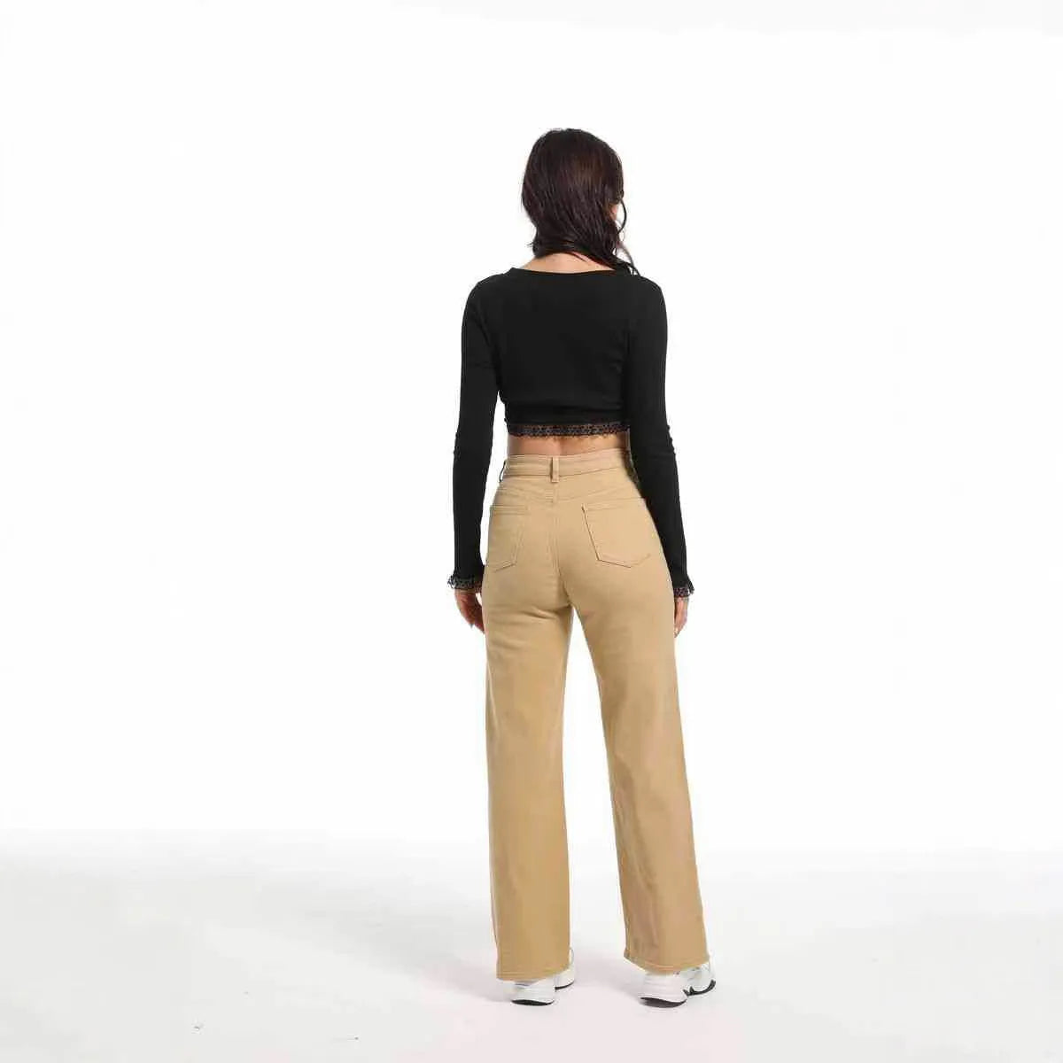 Women's straight wide leg jeans in apricot colour with high waist design