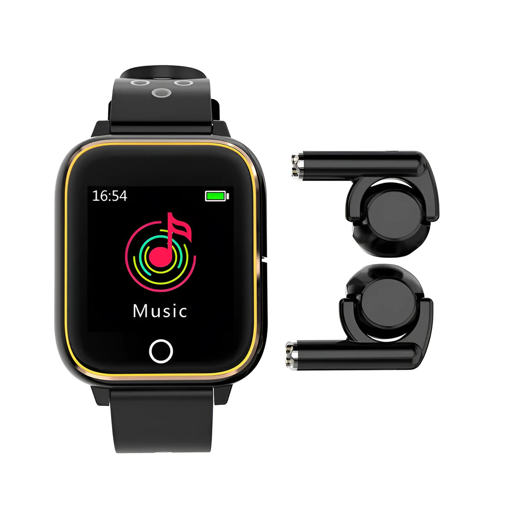 Black smartwatch with detachable Bluetooth earbuds stored in the bracelet chassis