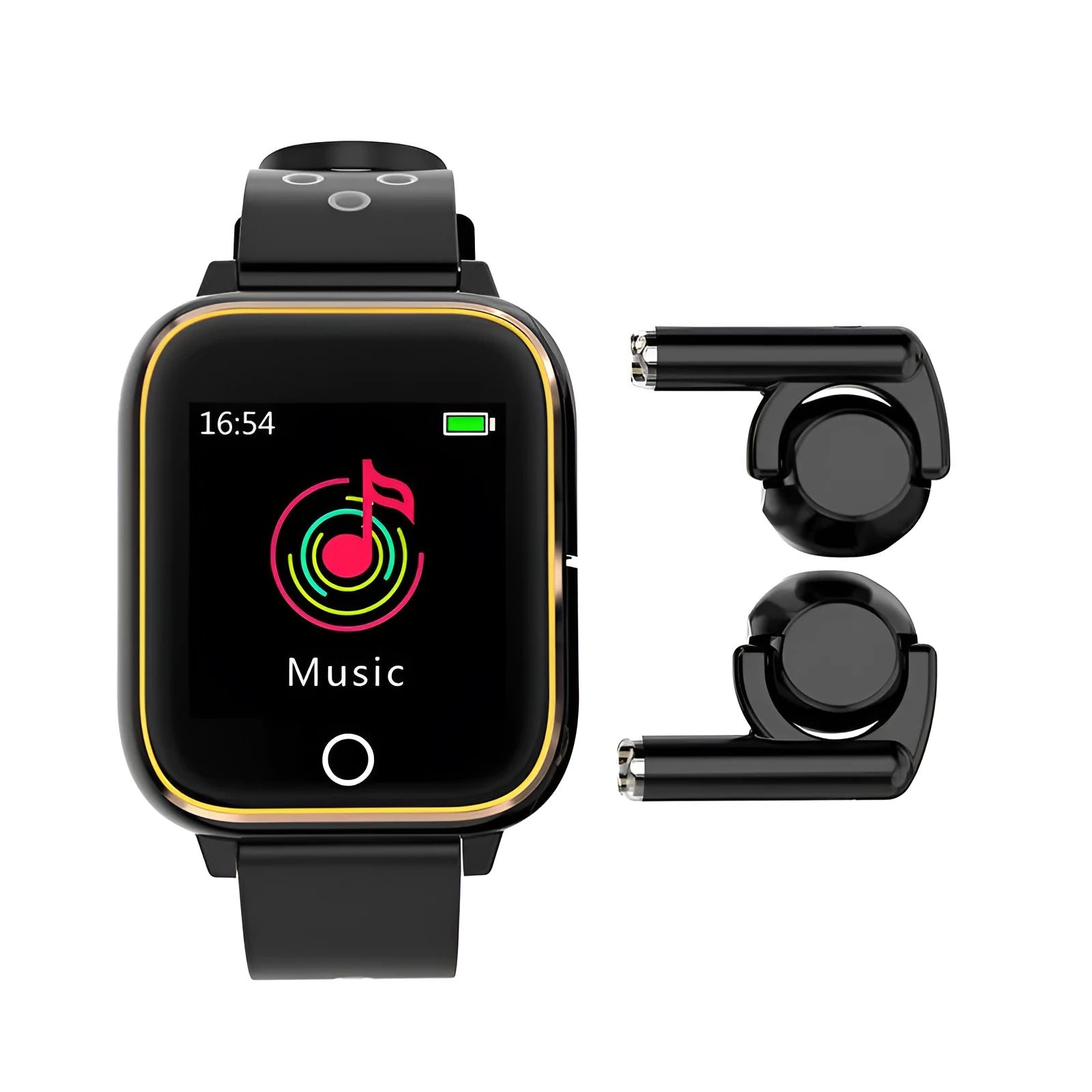 Black smartwatch with detachable Bluetooth earbuds stored in the bracelet chassis