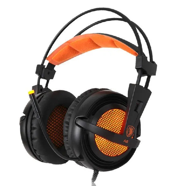 Black and white 7.1 USB gaming headset with LED lights on earcups and memory foam cushions.