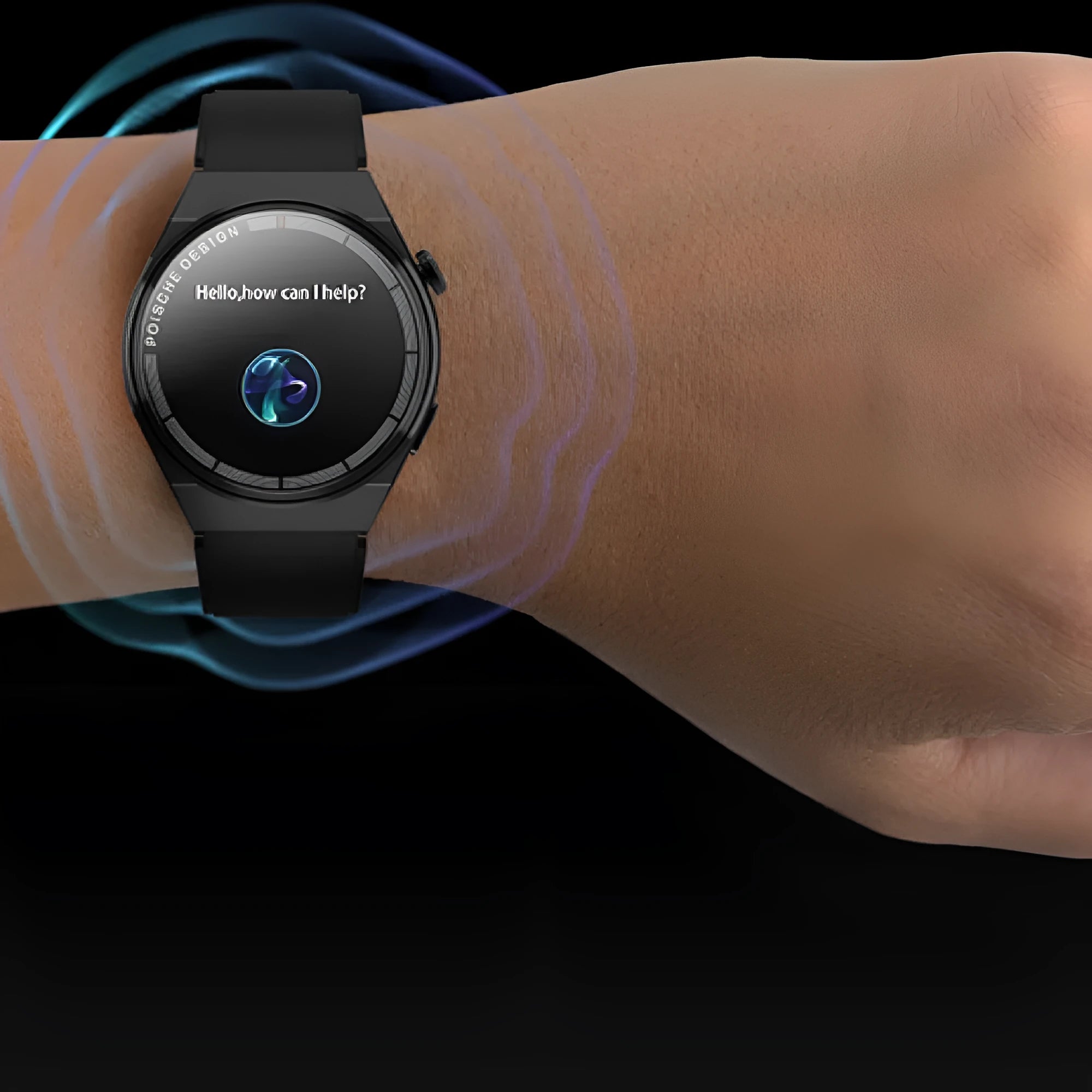 Black smartwatch with circular 1.39 inch screen showing interface, on a silicone strap.