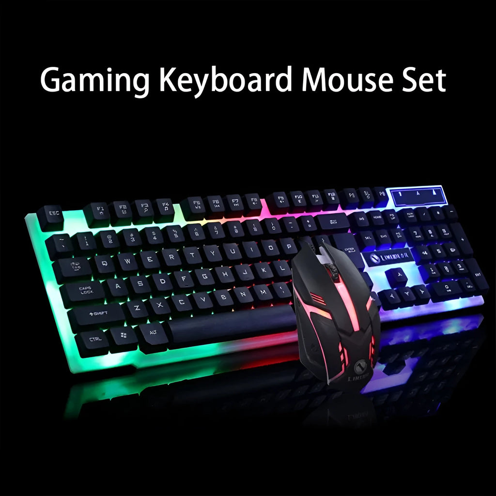 GTX300 black and white wired gaming keyboard and mouse set with backlight on desk