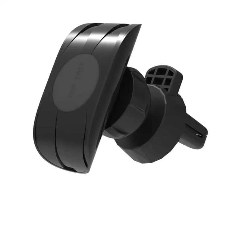 Glossy black car phone holder mounted on car air vent for smartphone securement