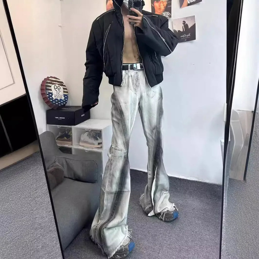 White denim jeans with black ribbon gradient detailing and heavy rough selvedge construction