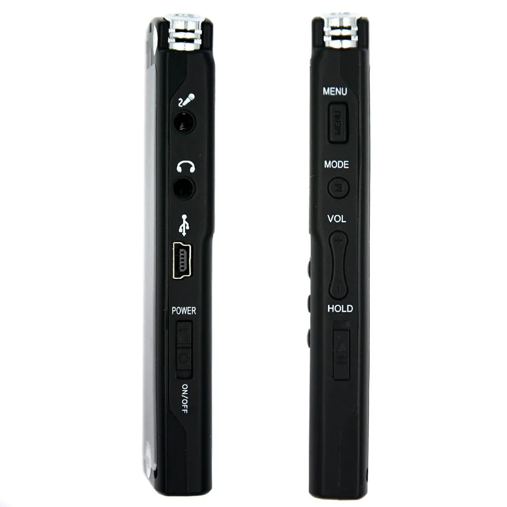 Compact black USB voice recorder with external mic support and telephone recording features