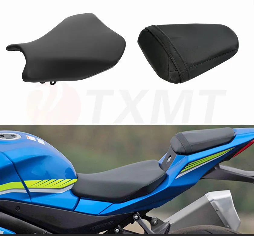 Suzuki GSXR1000 motorcycle with black PU leather seat covers fitted on front and rear seats
