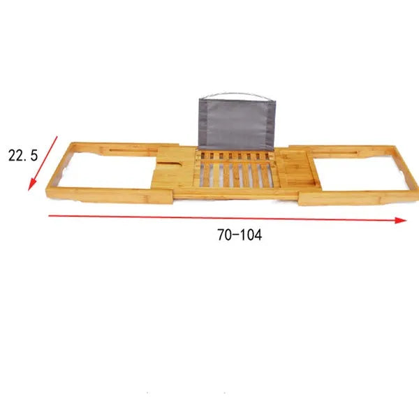 Bamboo single-tier desktop storage rack for bathroom organisation next to a bathtub.