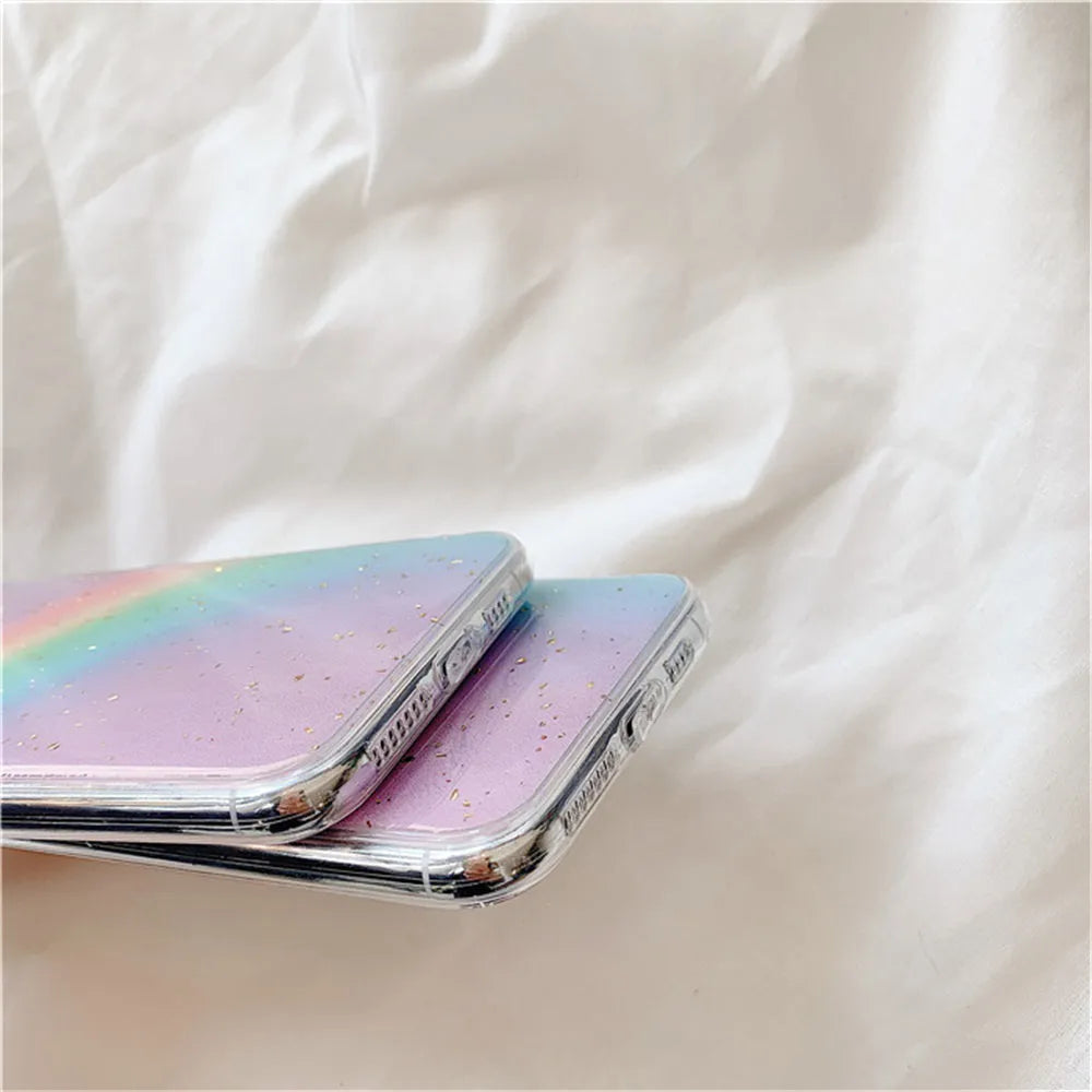 Rainbow gradient striped TPU protective case for iPhone on wooden surface