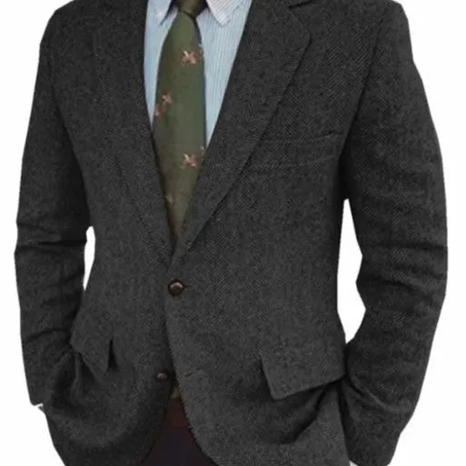 Men's brown herringbone suit jacket with long sleeves and retro business casual style