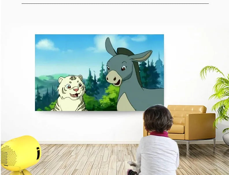 YG220 white or yellow LED projector displaying an image on a wall, showing front design and compact size.