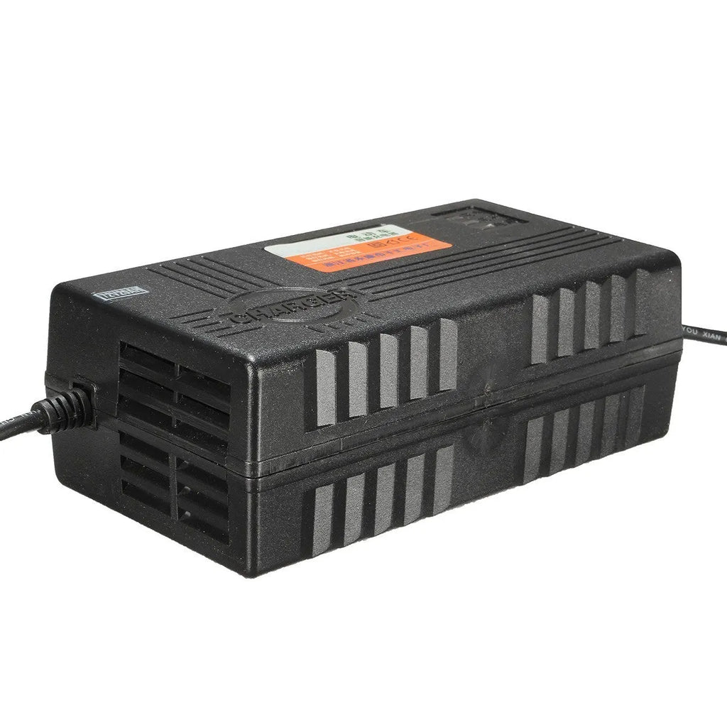 Black 72V20AH electric vehicle battery charger with dimensions 165mm by 87mm by 63mm.