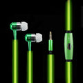 Magic Light LED Earphones with illuminated cable and aluminium alloy earpieces in blue, green, or pink.