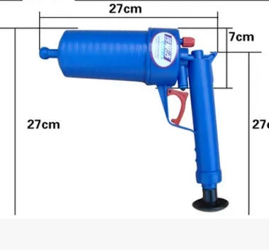 Plastic drain blaster gun with handle and four different-sized suction cup adapters for unblocking pipes.
