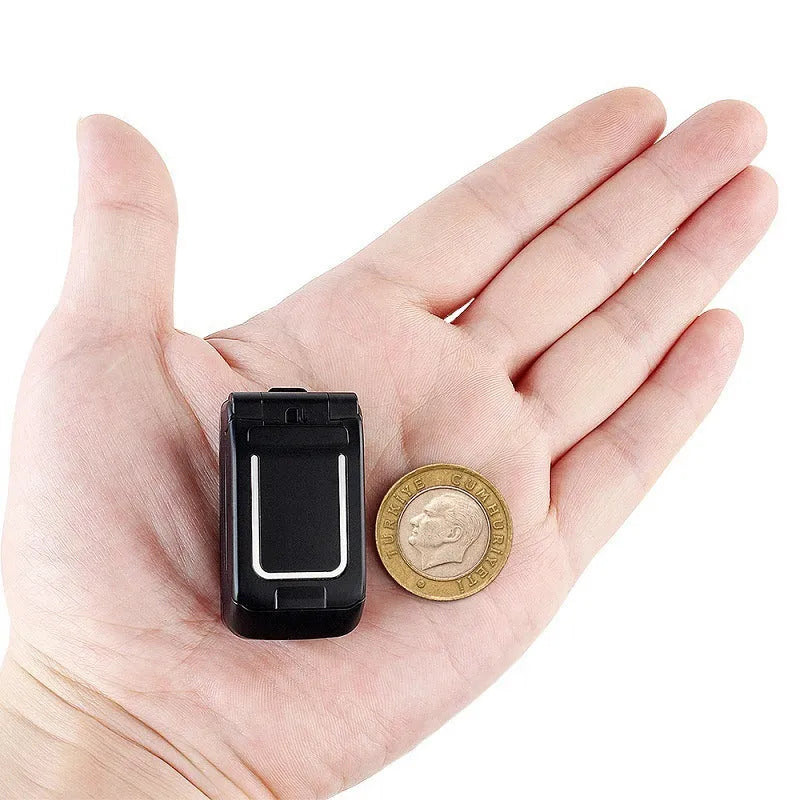 Mini flip phone in rose red, gold, blue, black, white, or yellow, showing closed flip cover design.