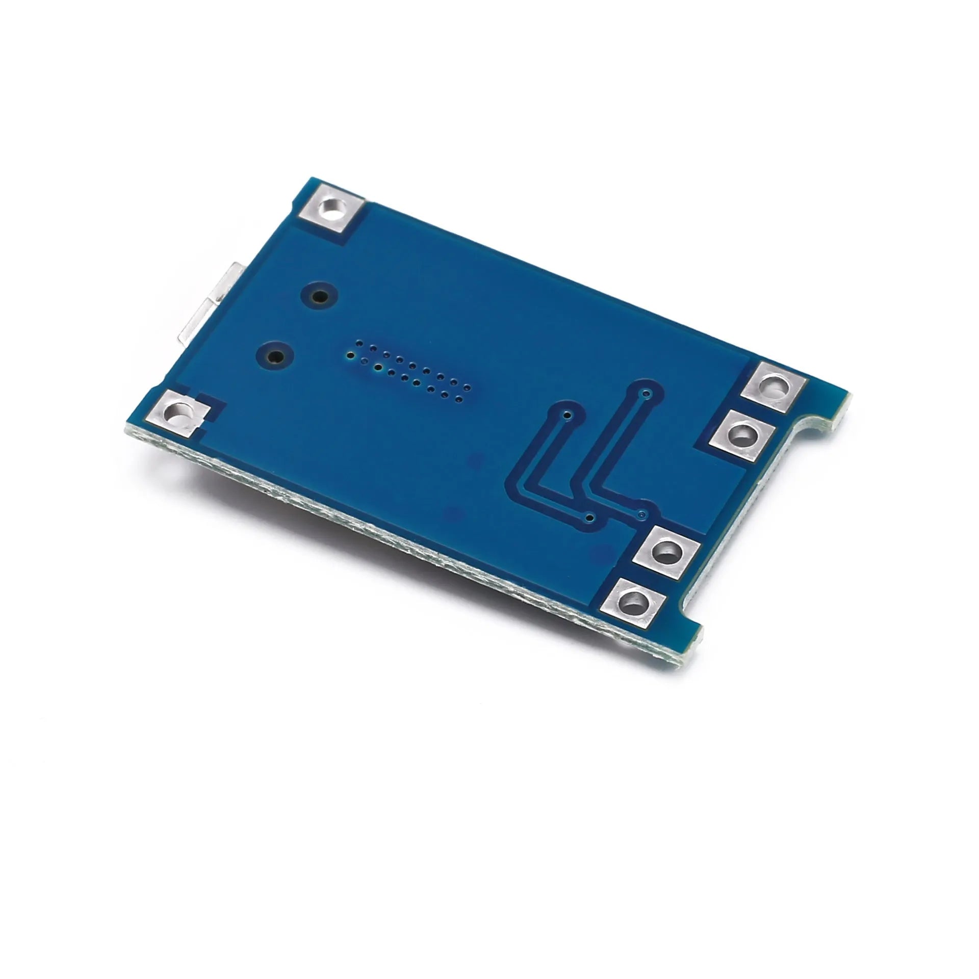 Blue lithium battery charging and protection circuit board measuring 2.6cm by 1.7cm