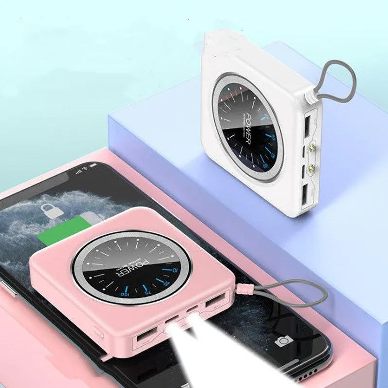 Compact alloy mini clock power bank charger in mint green with multiple USB output ports.