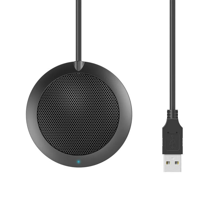 Black USB omnidirectional desktop microphone with metal mesh cover and 70mm diameter design