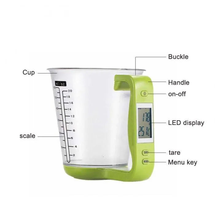 Green digital kitchen measuring cup scale with LCD display in handle