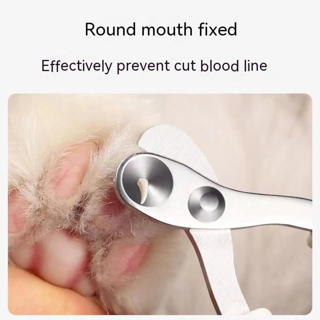 Blue professional cat nail clippers with a circular safety hole and cushioned non-slip handles.