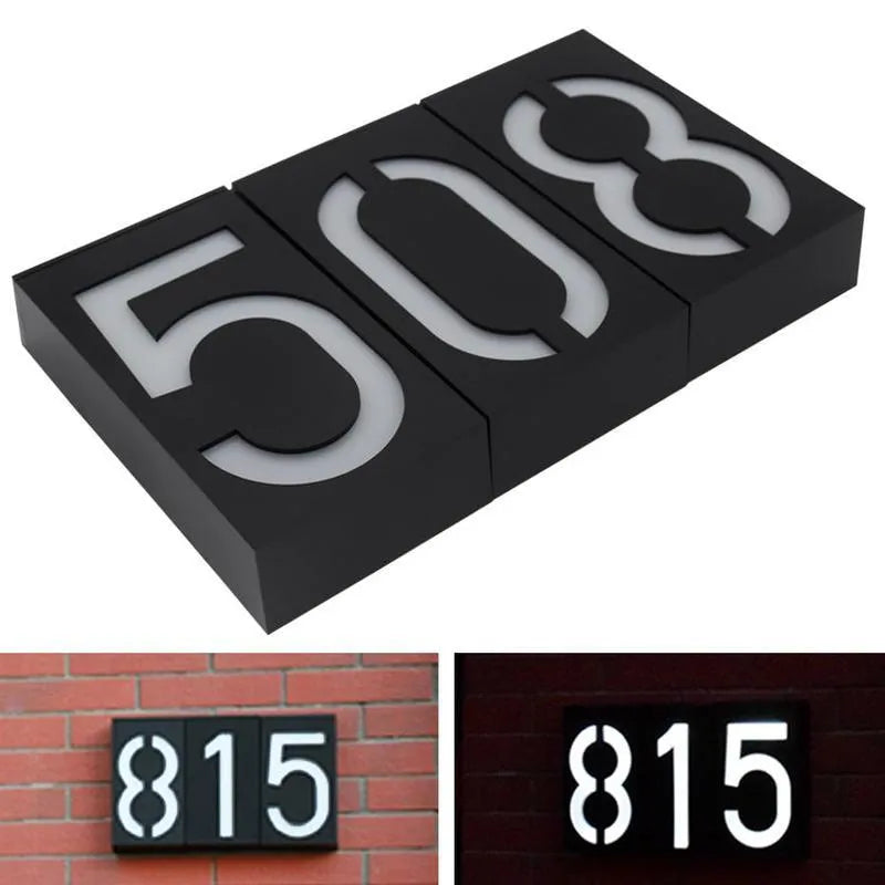 Solar powered house number wall lamp with white LED lights and weather-resistant housing