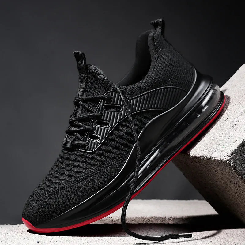 Men's black mesh running shoes with rubber sole and lace-up closure