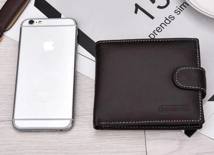Men's genuine leather short standard wallet in black with compact dimensions, polyester lining