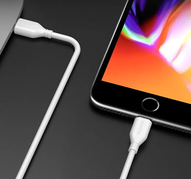 White braided nylon USB-C to Lightning cable with aluminium connectors, shown at full 2.4m length.