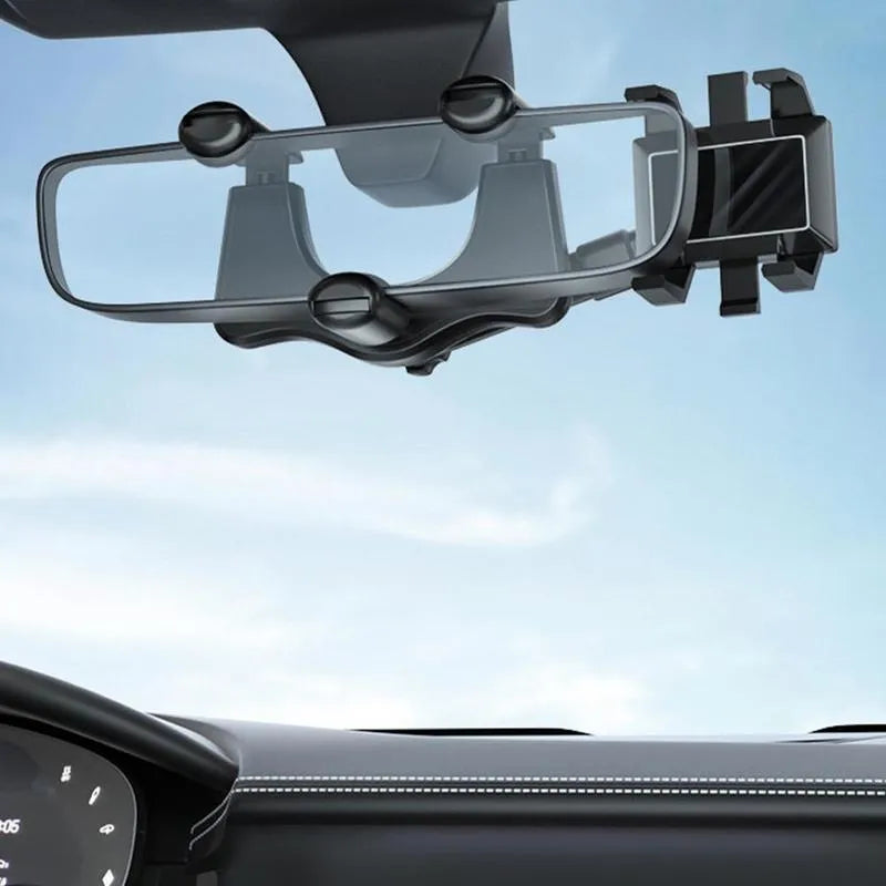 Black rearview mirror phone holder with 360 rotatable clamp and telescopic arm attached to car mirror