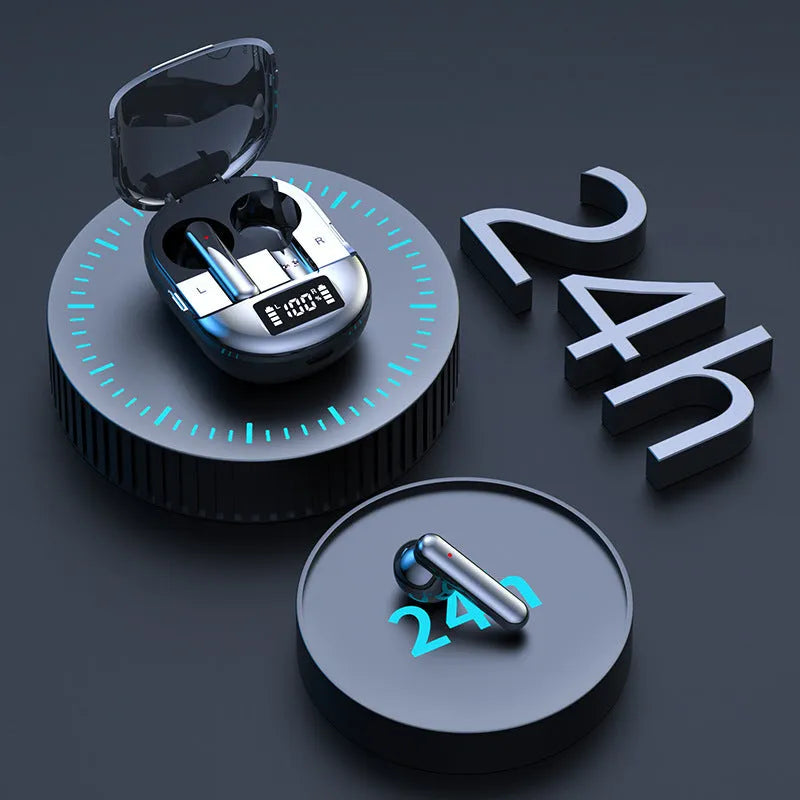 Wireless Bluetooth headset with charging bin showing digital display screen