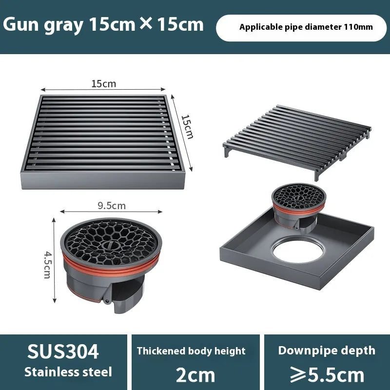 Gun grey 15cm square ABS plastic core sitting in a 304 stainless steel courtyard floor drain frame.
