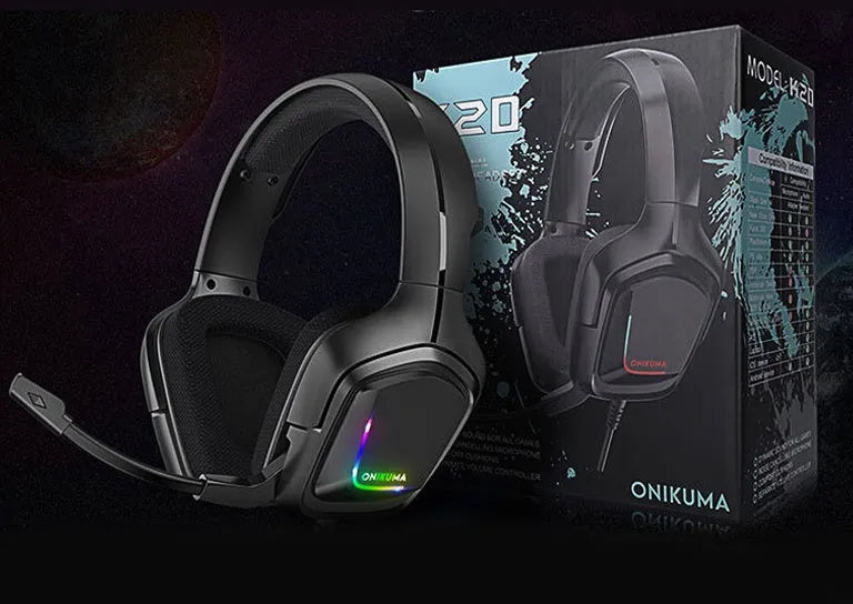 K20 RGB luminous wired gaming headset with microphone, cloth earmuffs, and braided cable in camouflage grey