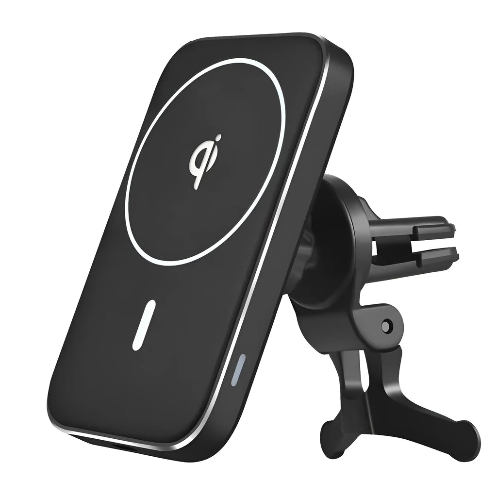 Black M6 magnetic wireless car charger bracket with phone mounted showing LED indicator