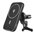Black M6 magnetic wireless car charger bracket with phone mounted showing LED indicator