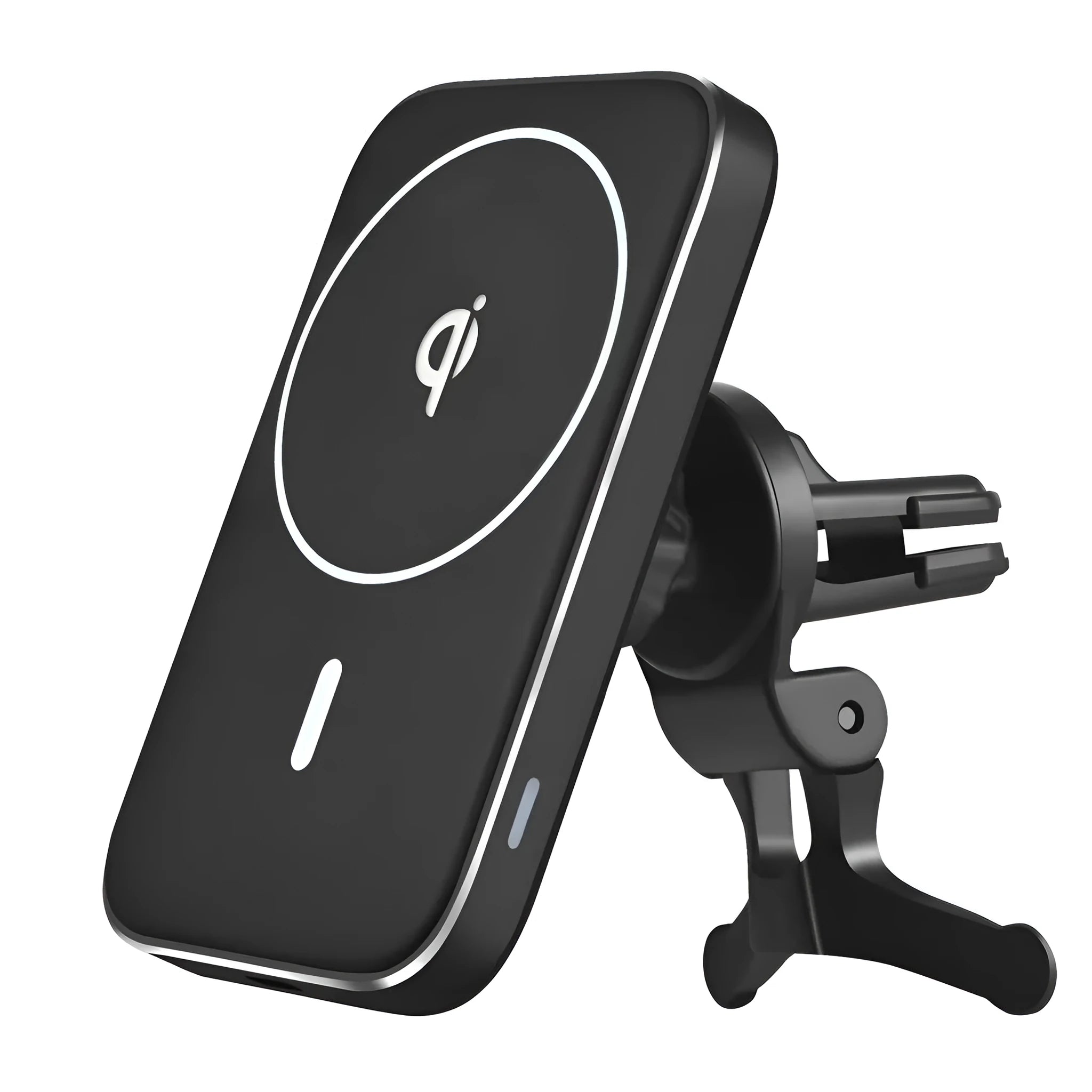 Black M6 magnetic wireless car charger bracket with phone mounted showing LED indicator