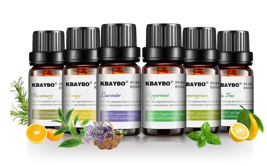 Set of six 10ml glass bottles of botanical aromatherapy essential oils in Lavender, Lemongrass, Tea Tree, Peppermint, Rosemary, and Orange