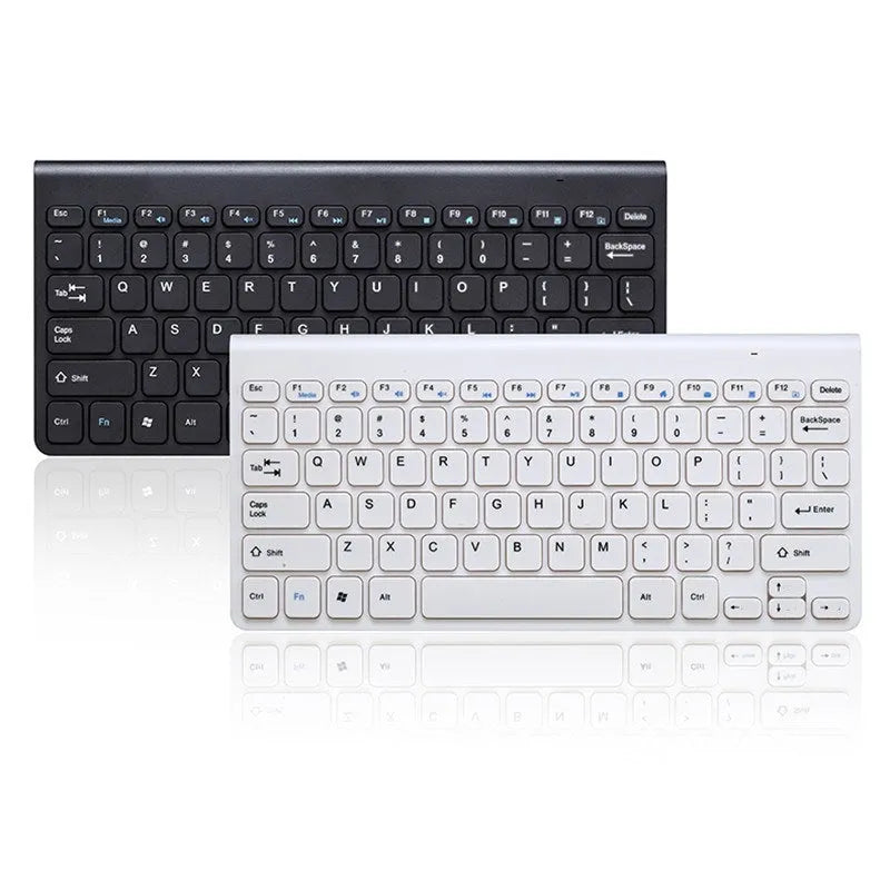 Black and white wireless keyboard and mouse set with 78 keys and 4 buttons showing 10-metre wireless range