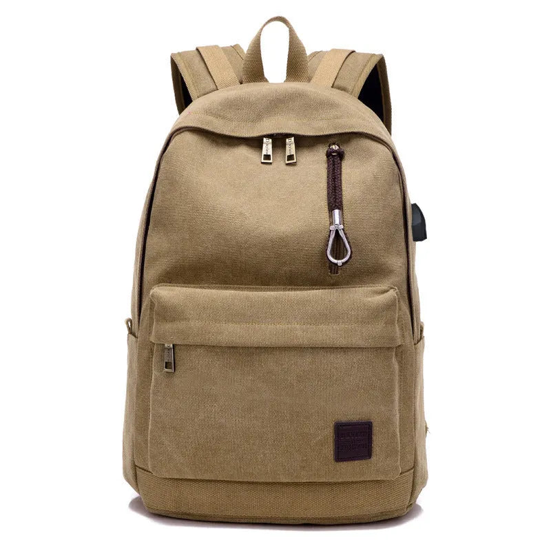 Canvas backpack with USB charging port and laptop compartment in multiple colour options