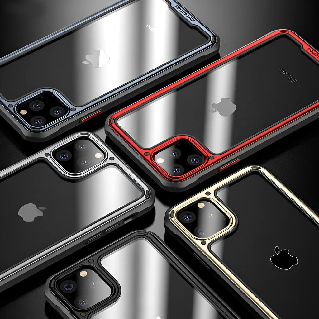 Transparent silicone mobile phone case for Apple iPhone 11 showing colour options