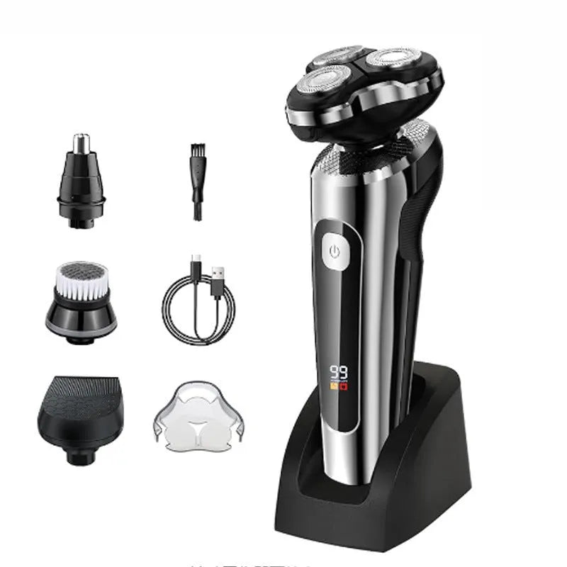USB rechargeable beard scraper with digital display showing battery level and fully washable construction