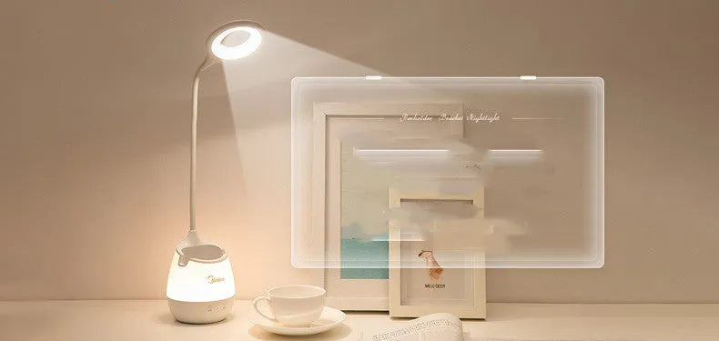 Green, pink, and white rechargeable USB table lamps with touch switch on a desk.