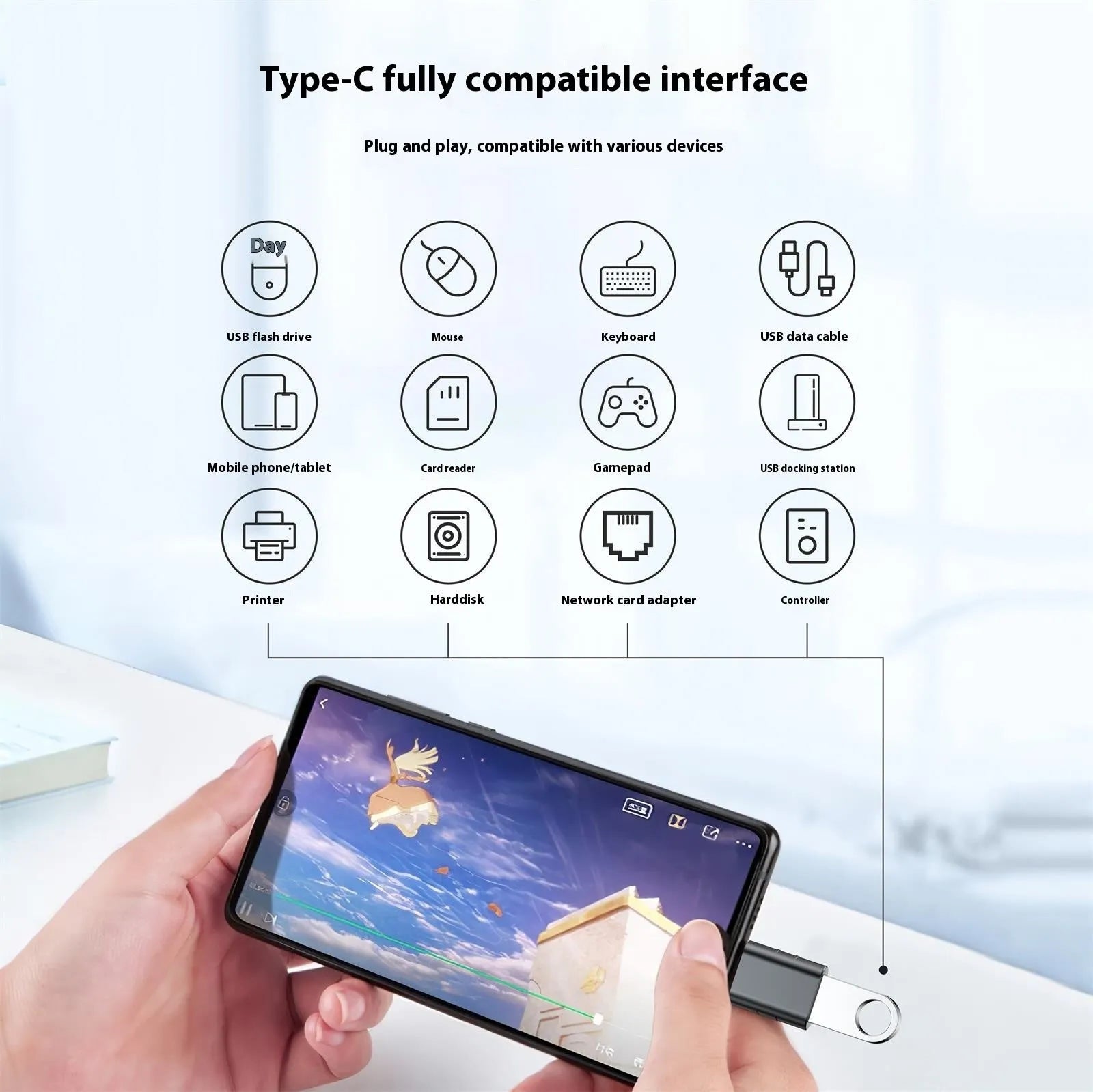USB data and charging converter adapter with zinc alloy shell in various colour finishes.