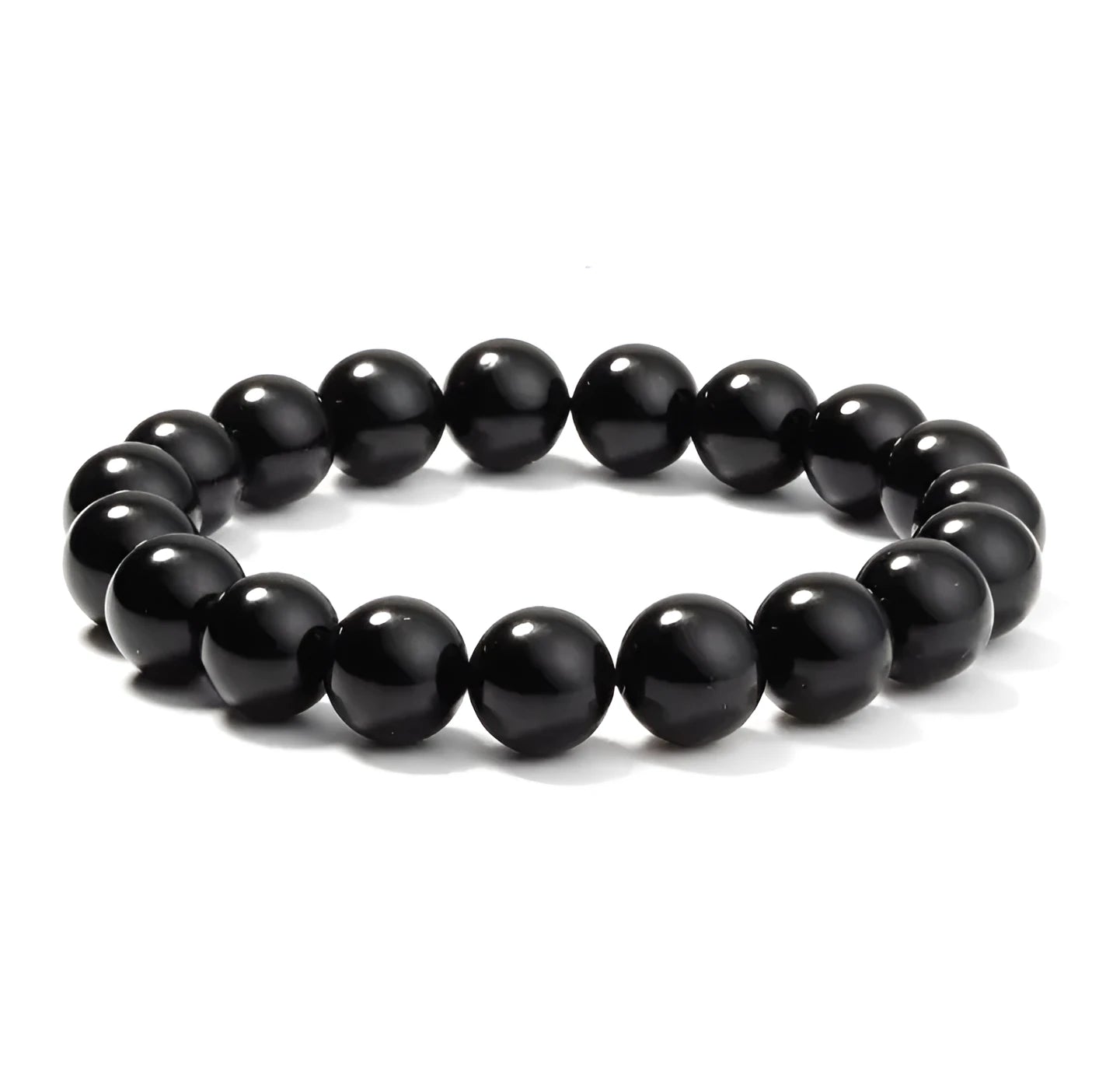 A geometric black agate bead stretch bracelet with 8mm stones on an elastic cord.
