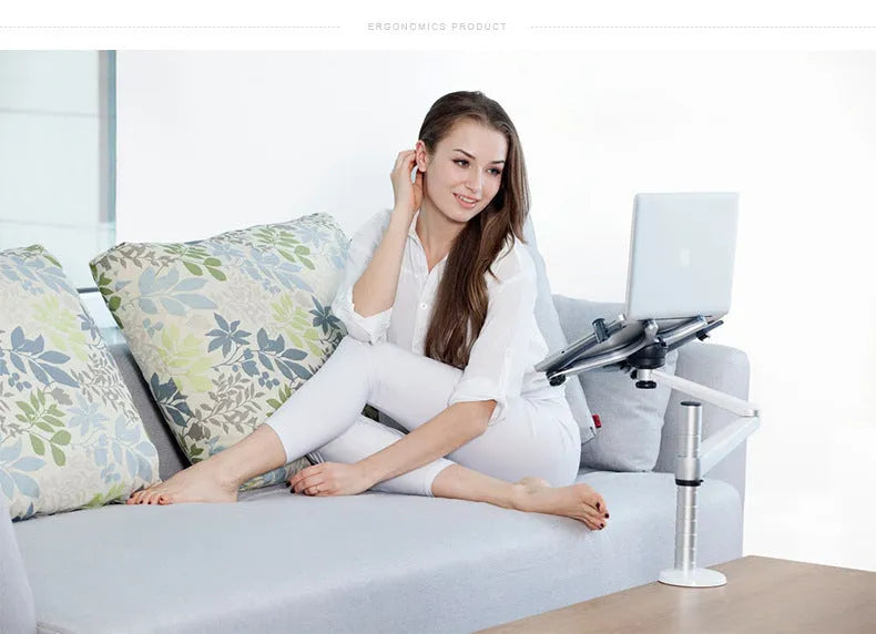 Dual arm laptop stand holder with aluminium alloy arms, laptop and tablet mounted, desktop clamp base