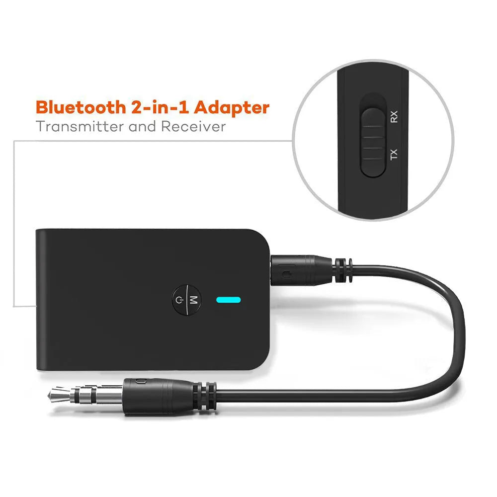 Black Bluetooth adapter with 3.5mm AUX connector and external power supply
